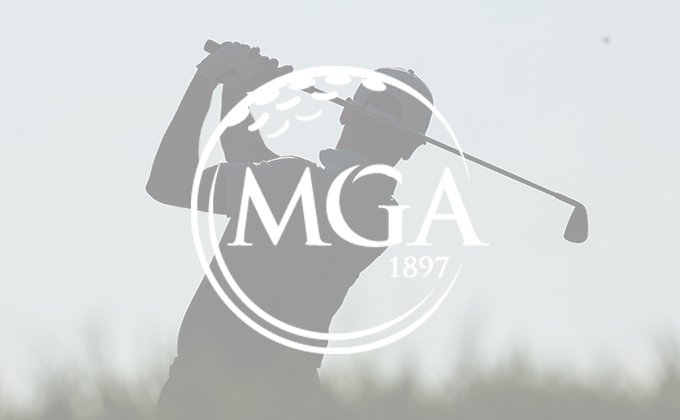 Silhouette of golfer swinging with MGA logo