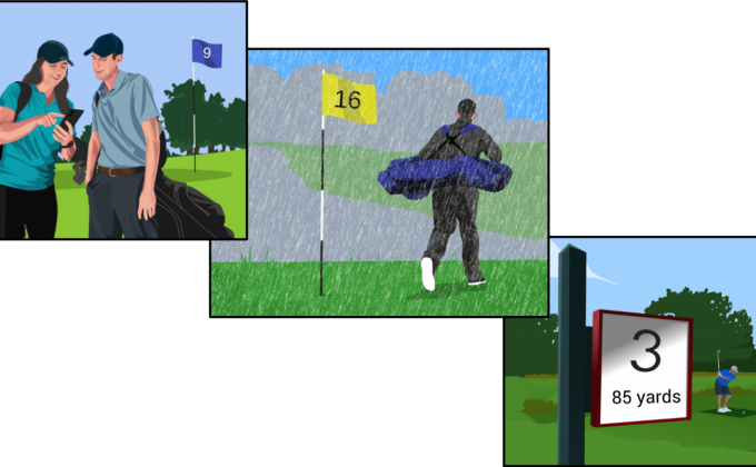 three drawings of golf course situations